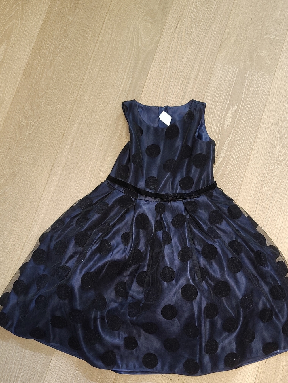 Girls Navy Polka Dot Party Dress with Velvet Accents